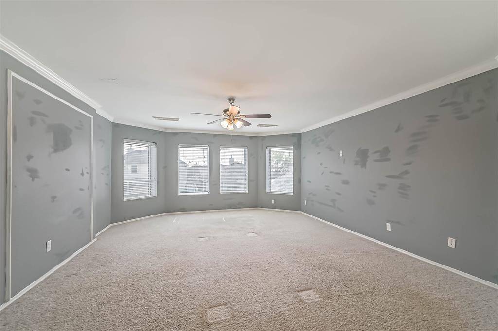 Spacious room with neutral gray walls and soft carpet, featuring three large windows for natural light and a ceiling fan for comfort.