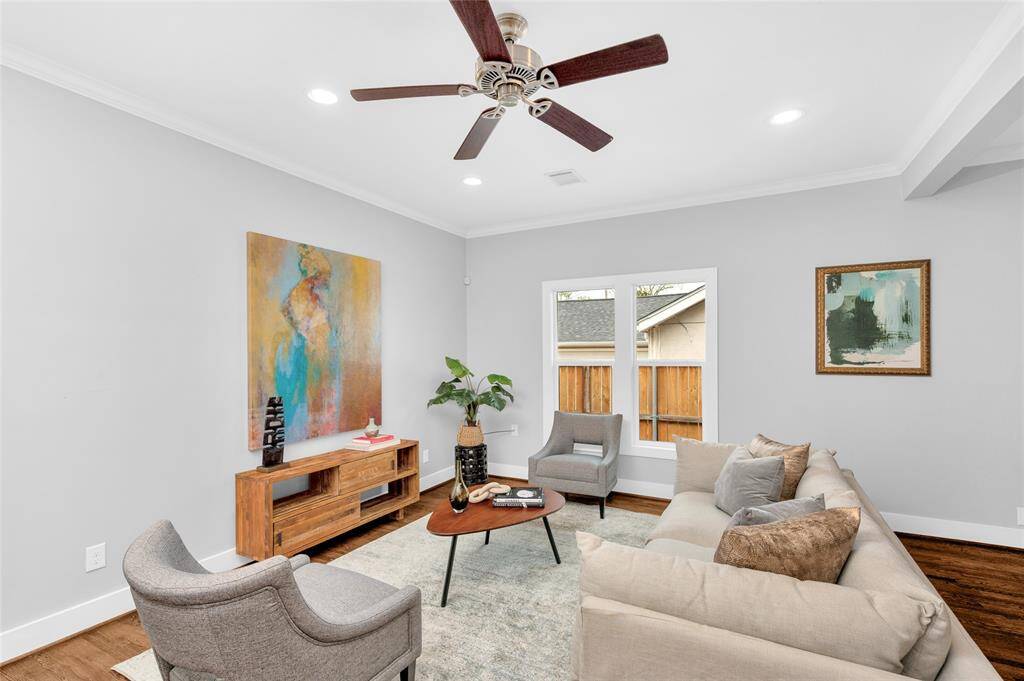 The living area with a view of the side yard
