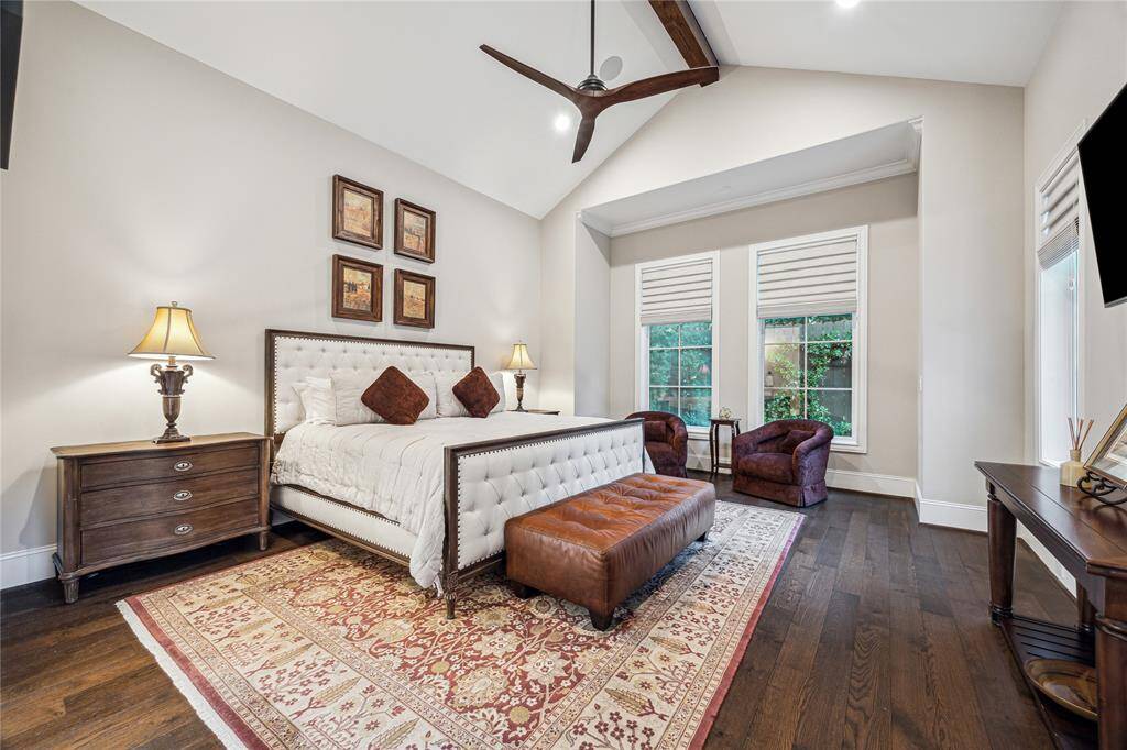 The open layout in the primary bedroom allows for a casual dining experience, seamlessly connecting to the kitchen and family room.