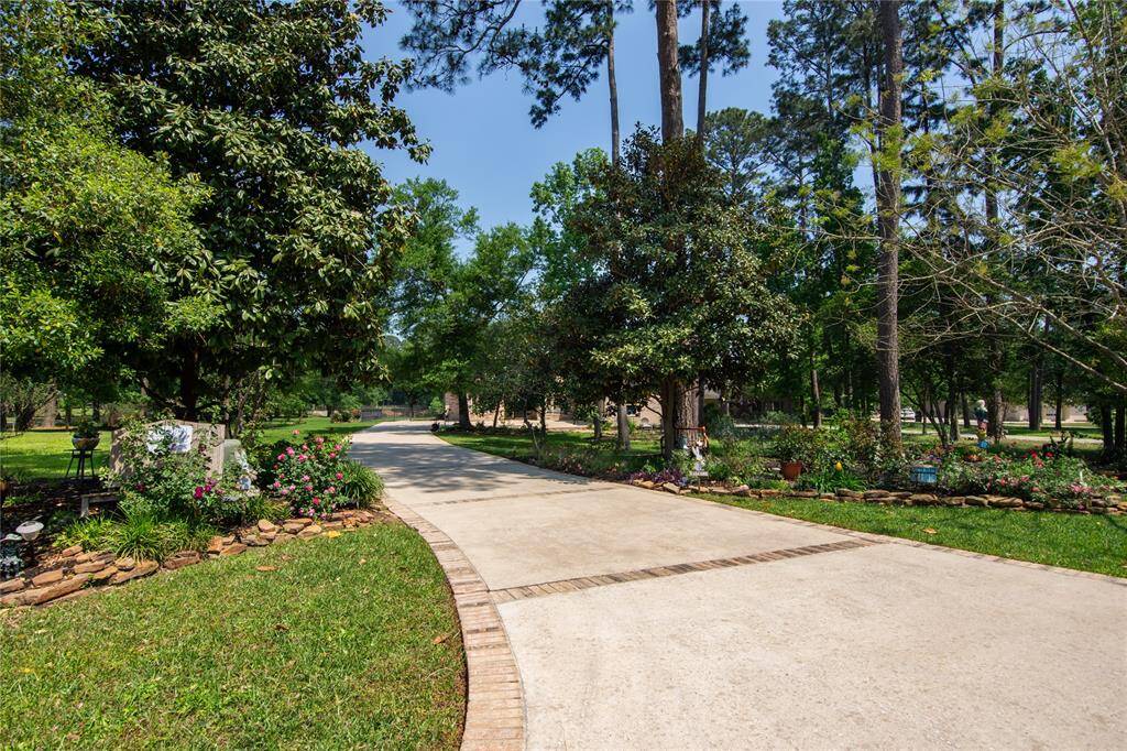 This photo showcases a charming brick home surrounded by lush trees, offering a spacious driveway and well-maintained landscaping.