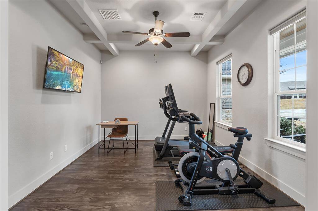 Just off the entry way is a flex room. It is currently being used as a home gym but could be an office, library, sitting room, play room, the options are endless! Two entries with sliding doors.