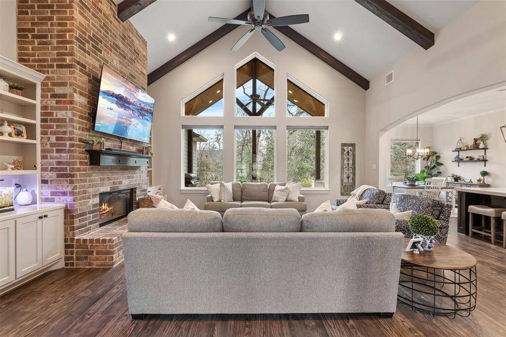 Vaulted ceilings in the open living area.