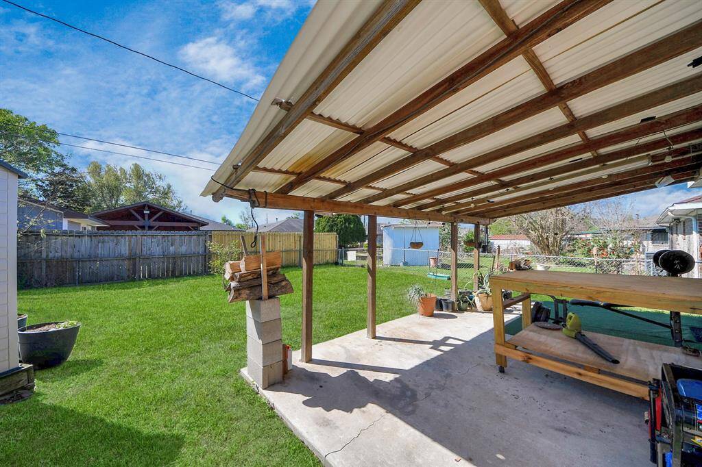 Covered patio area with a view of the backyard. Perfect for entertaining and enjoying time outside.