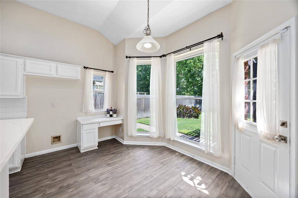 Desk space offers extra storage, prep space, or perfect for your Coffee Bar!