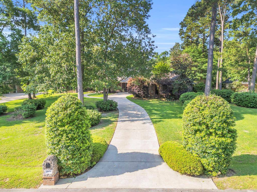 Tree-lined driveway reveals the home’s secluded placement on an expansive acre lot—offering both privacy and a grand first impression from the street.