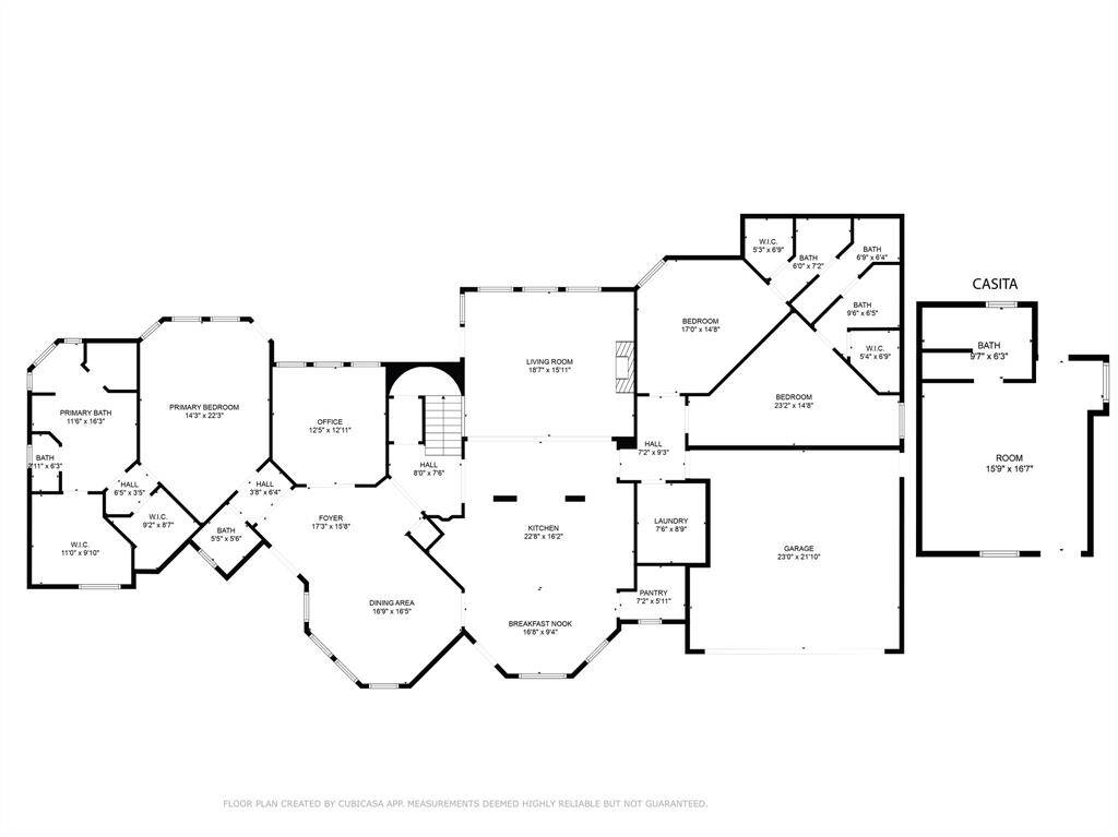 The spacious and versatile first-floor layout includes a luxurious primary suite with dual walk-in closets, expansive primary bath, an elegant dining area, home office, large gourmet kitchen, inviting living room, and two additional bedrooms connected by a convenient Hollywood bath. Note the attached oversized two-car garage and detached one car garage with casita and ensuite bath offer additional convenience and flexibility.