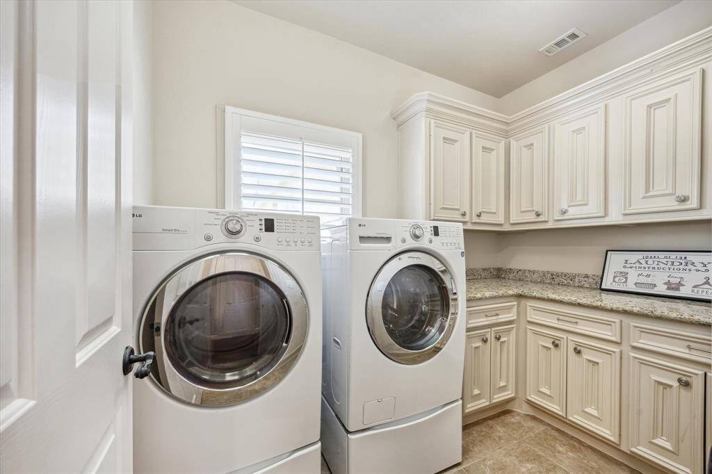 The spacious 2-car garage features epoxy floors and built-in cabinets for extra storage.It opens directly into the foyer and the 1st floor covered patio