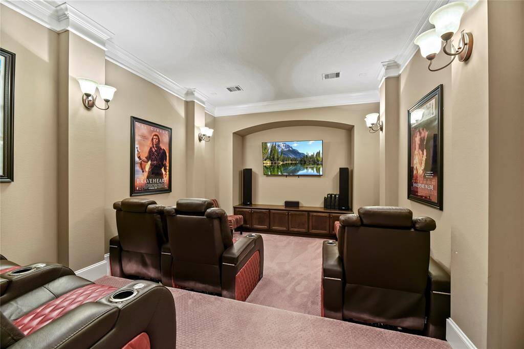 Downstairs media room with floor risers and built-ins.