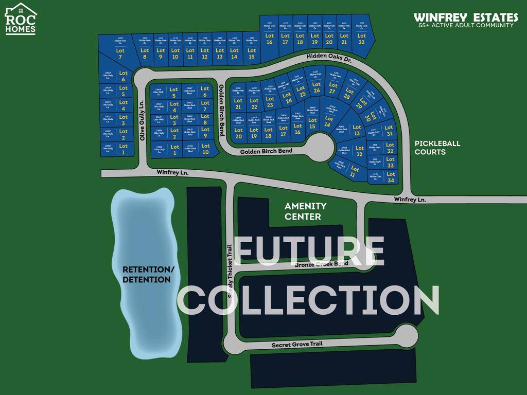 The Winfrey Estates community map highlights Collections 1 and 2, showcasing thoughtfully planned residential areas. Collections 1 & 2 feature homes with proximity to the community's resident-only amenities, including the clubhouse and outdoor swimming pool.