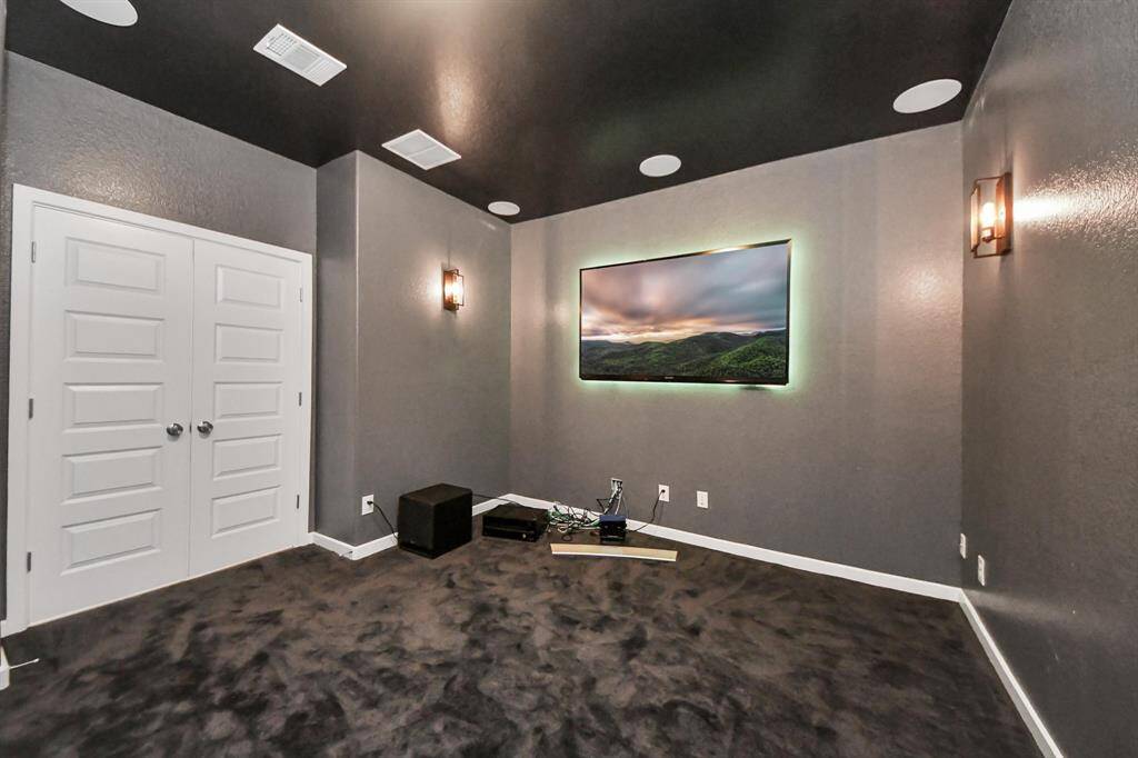 The media room features plush carpet, custom paint, and custom lighting.