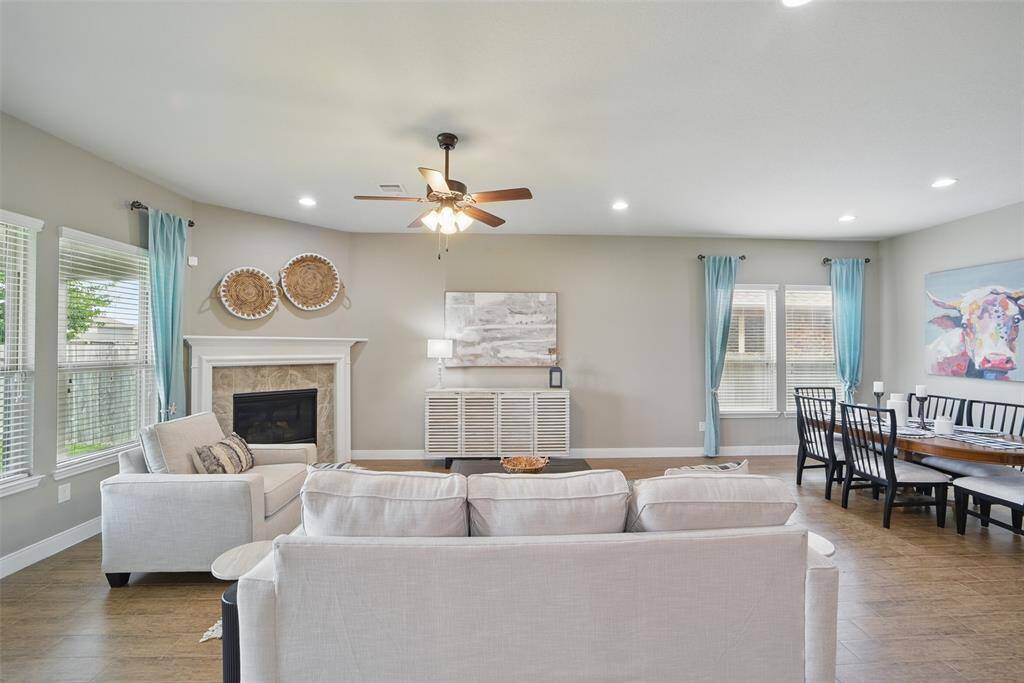 View from the kitchen island into the living and dining room.