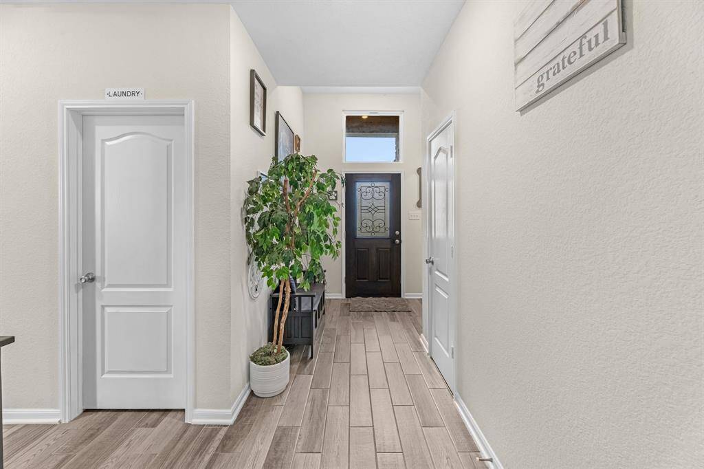 Bright entryway with wood-style tile flooring and an upgraded front door. Simple and welcoming decor enhances the space.