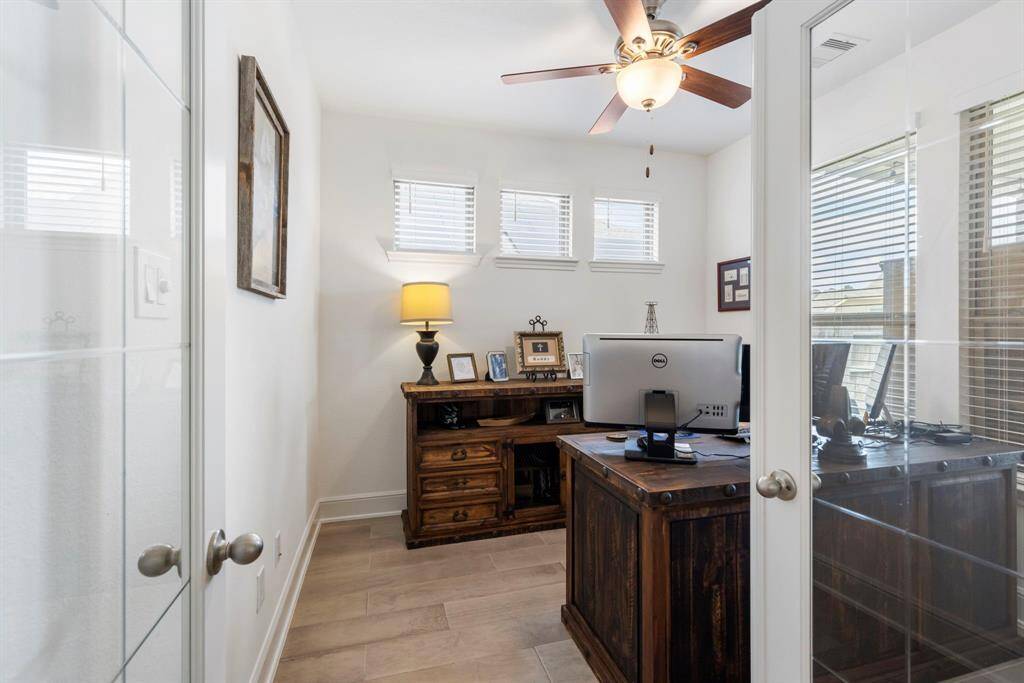 French doors allow the office to be a quiet room or perhaps this flex space will serve as a playroom for your young children.
