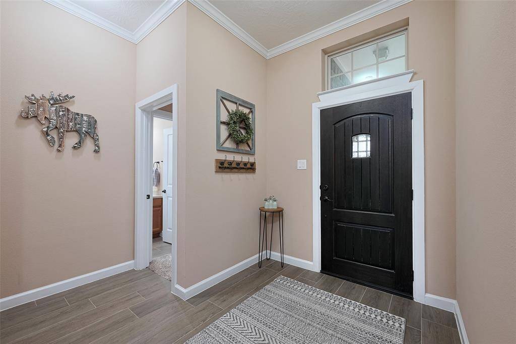 This entryway features a dark wooden door with a window, light walls, and wood-look tile flooring.