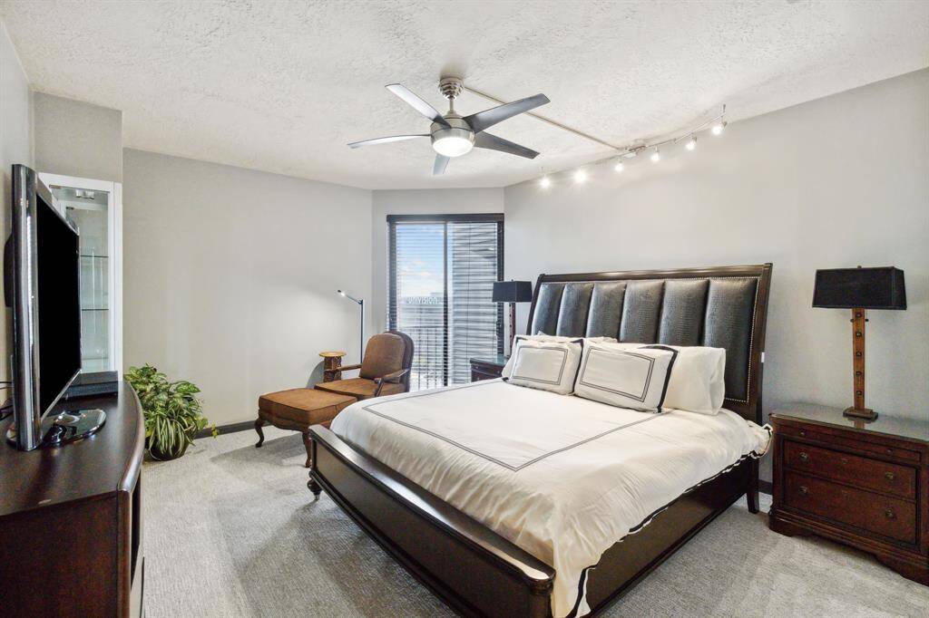 Primary bedroom is spacious with fresh carpet, modern fan and track lighting.