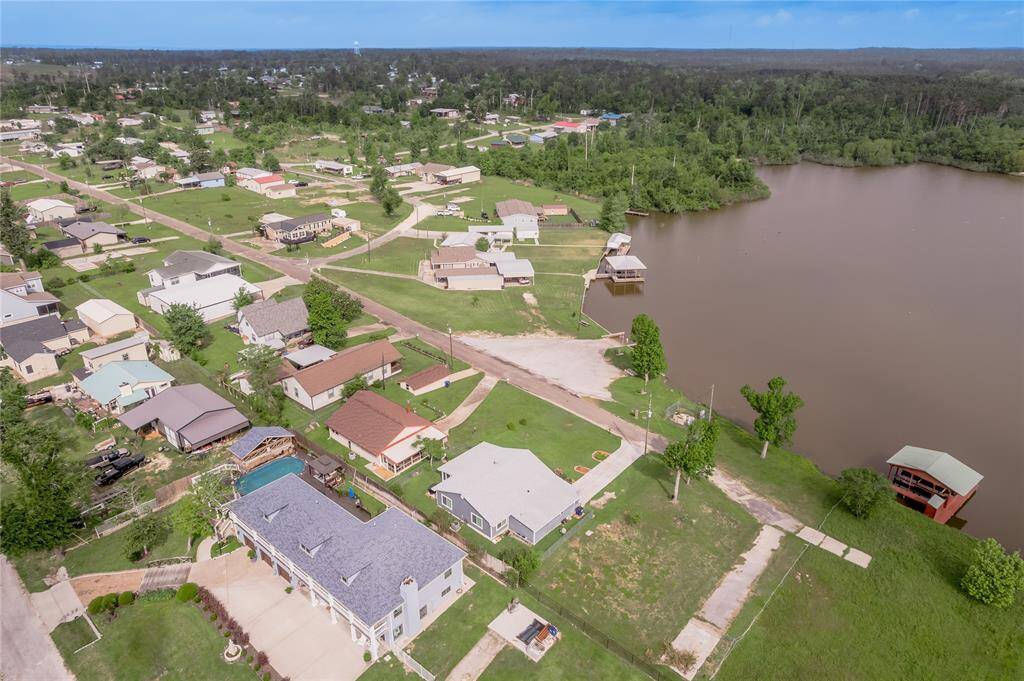 Arial of the back of the house toward the lake