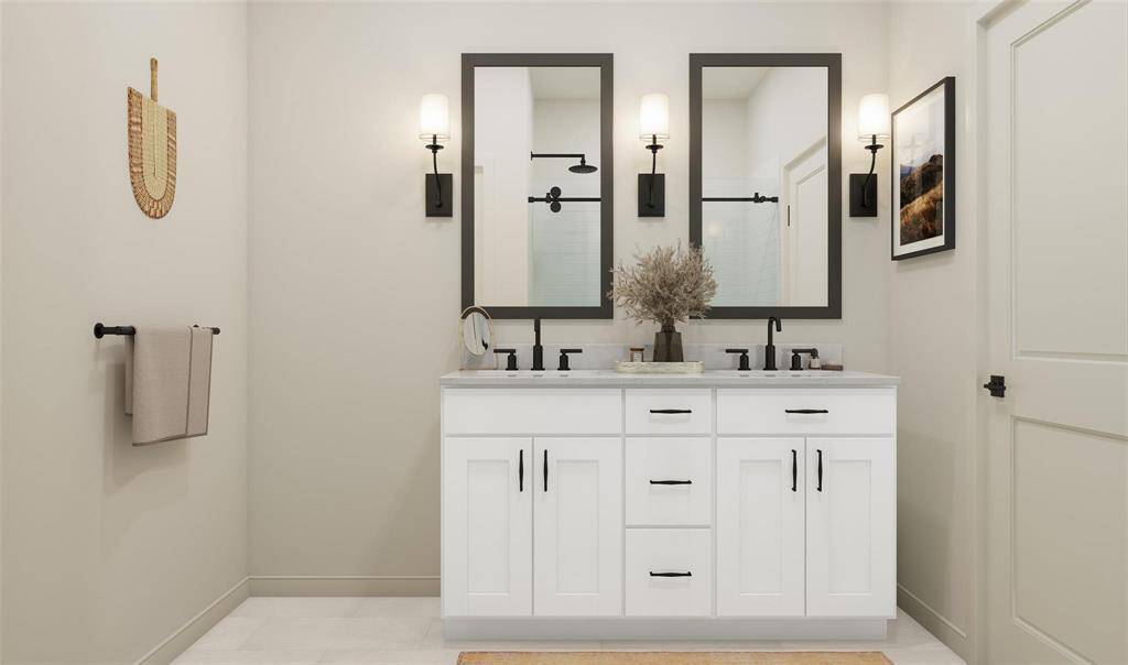 En-Suite Bathroom with white cabinetry and dual sinks - Photo Rendering is used for illustration purposes.