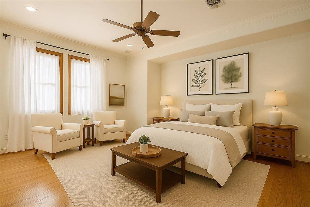 A virtually staged vision of the primary bedroom