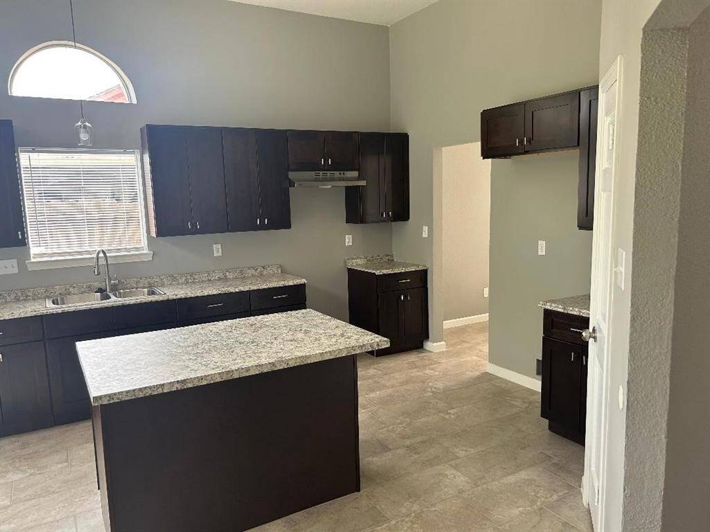 Modern kitchen features sleek dark new cabinetry, countertops, and a central island creating a bright and open space ideal for cooking and entertaining.