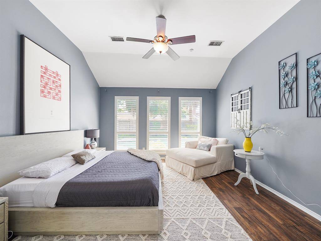The primary retreat can easily accommodate a king size bed!