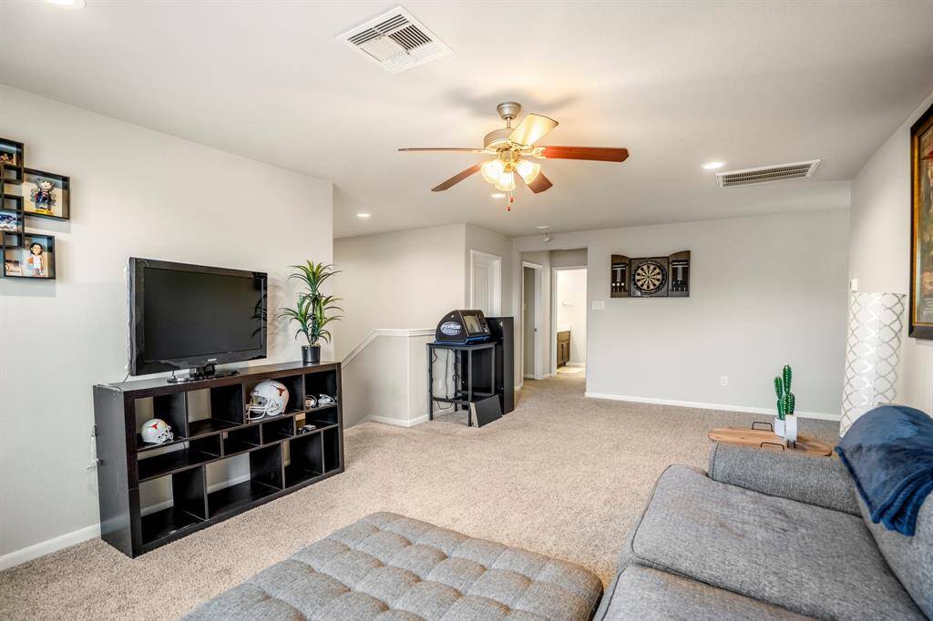 The upstairs game room and 3 secondary bedrooms, a full bath and an added flex room for extra space.