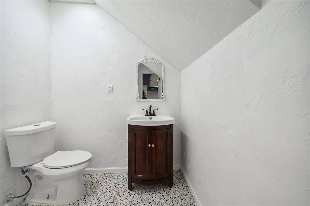 Half bath in the hanger and downstairs.