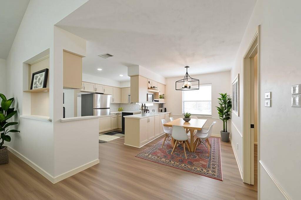 THE DINING AREA IS BRIGHT AND CHEERFUL WITH CHIC LANTERN STYLE LIGHT FIXTURE. (VIRTUALLY STAGED)