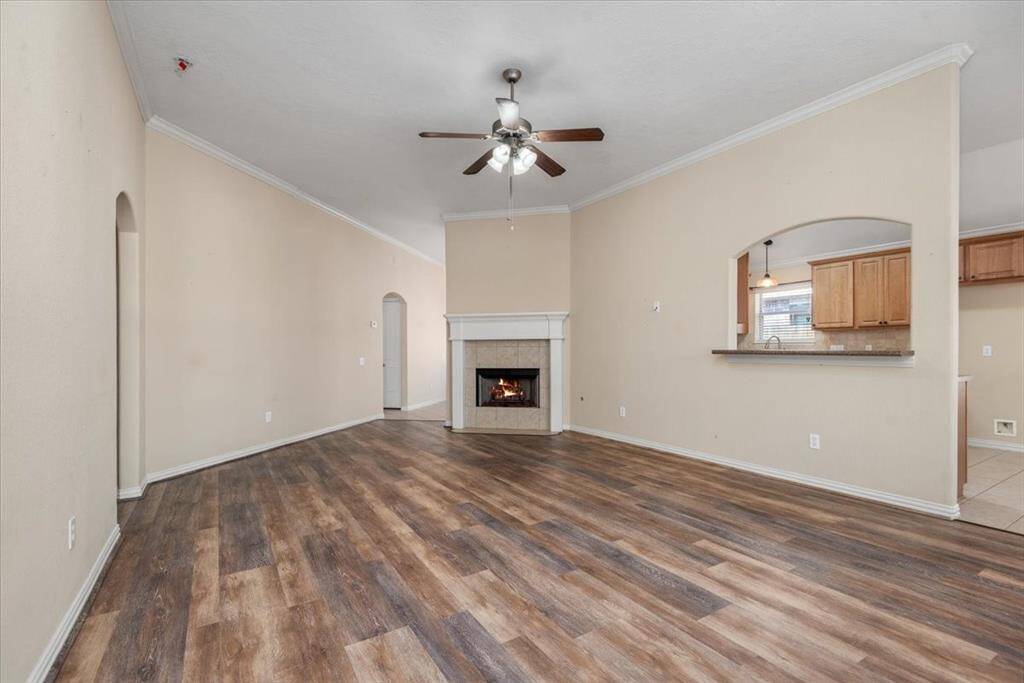 Living room area with a great fireplace.