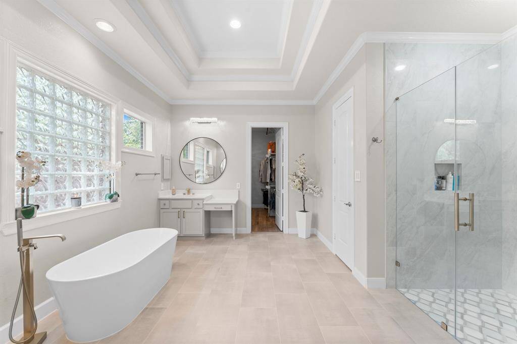 Recently updated brand new primary bathroom.  Free standing tub, gorgeous walk in shower.