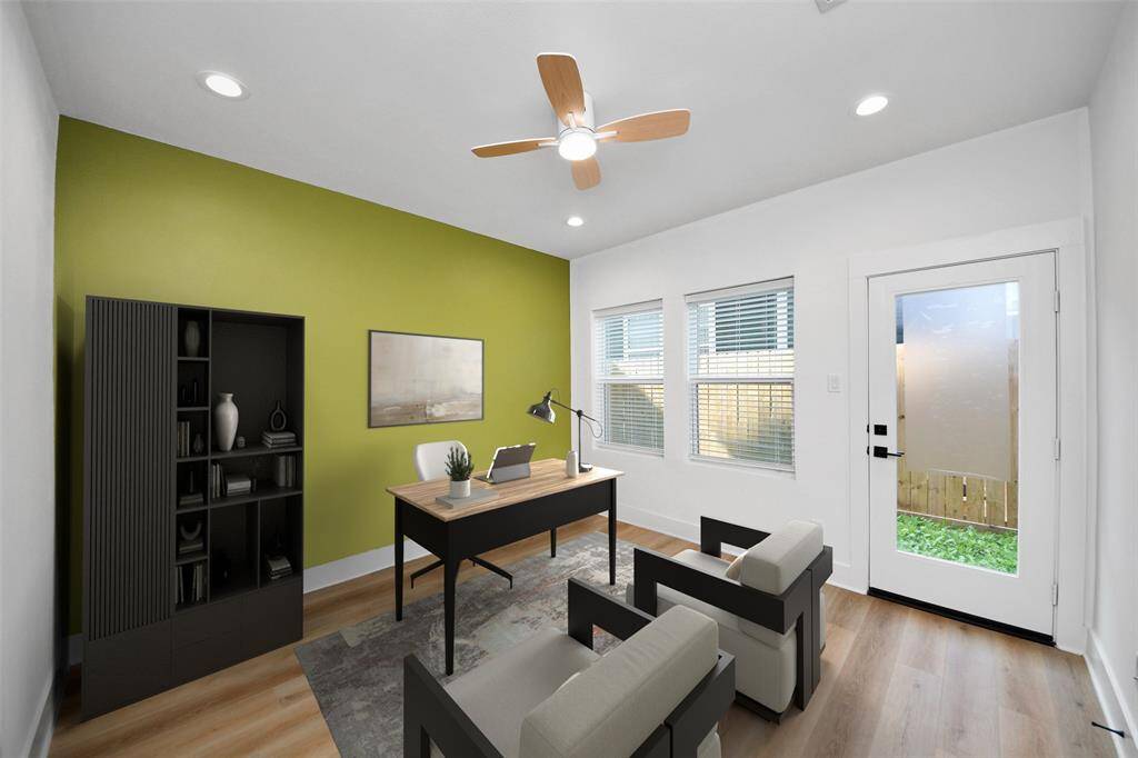 Impress your family and guests in this beautiful living/dining open-concept room! Featuring high ceilings, recessed lighting, gorgeous luxury vinyl floor, stylish light fixtures, and a jaw-dropping custom LED accent wall. Beautiful windows to fill the room with natural light throughout the day. *Photo is virtually staged.