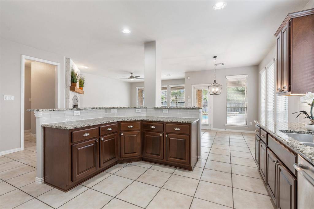 Another view of the kitchen island overlooking the living area.
