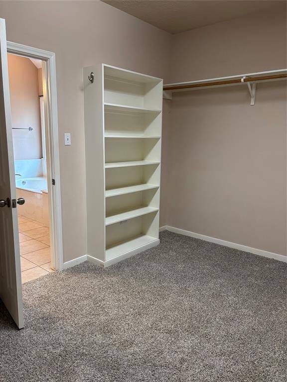 spacious walk-in closet with carpeted flooring, built-in shelving, and a hanging rod. I