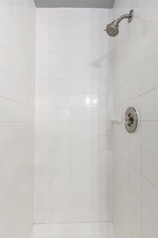 The stand alone shower in the primary bathroom is airy and bright.