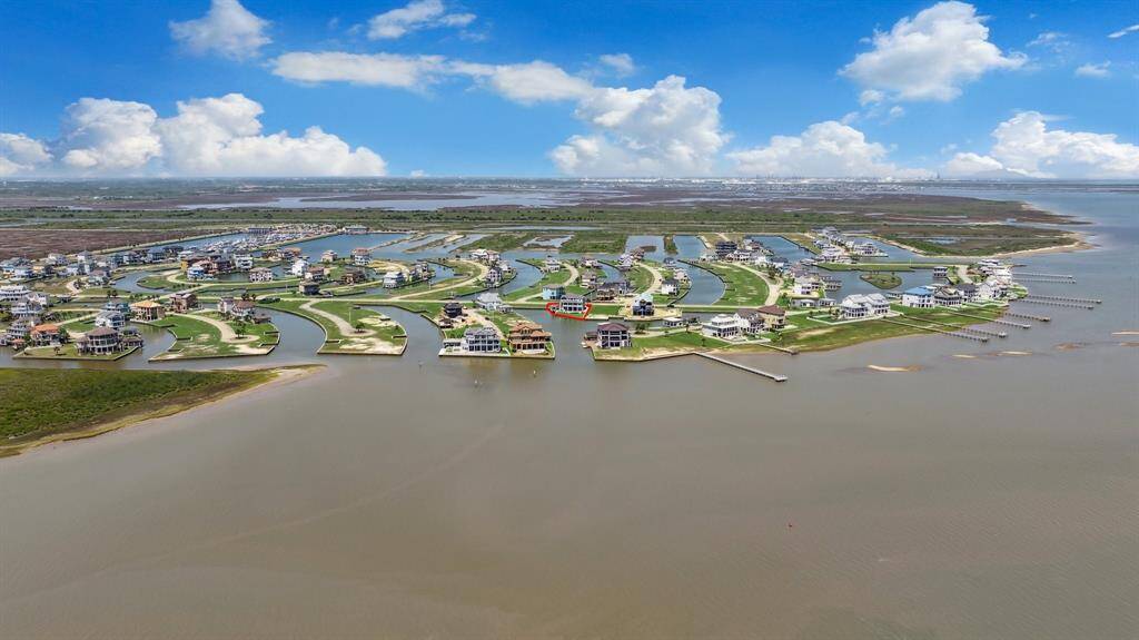 An aerial view of the Harborwalk community highlights its scenic beauty & unique design