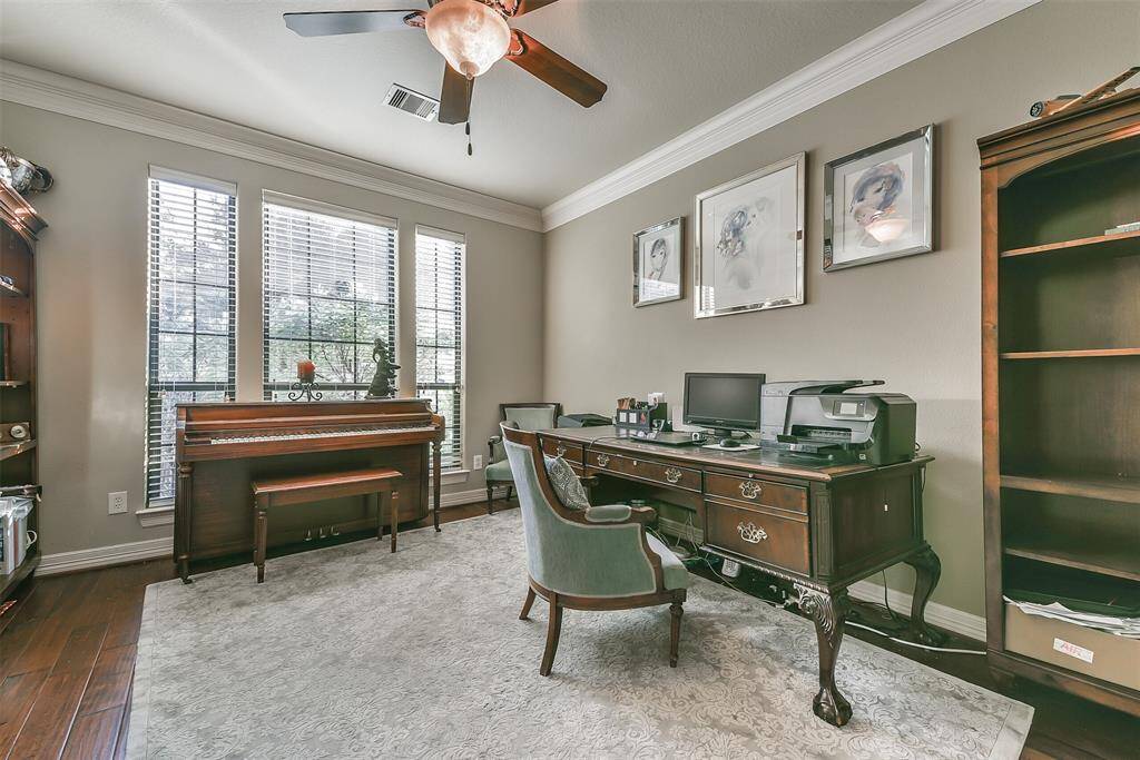 This is a work from home space that is what you are needing!! Solid wood flooring, neutral paint, lots of natural lighting with the triple windows facing the front of the home. This space in enclosed with french doors for privacy while working from home! Crown moulding and lighted ceiling fan.