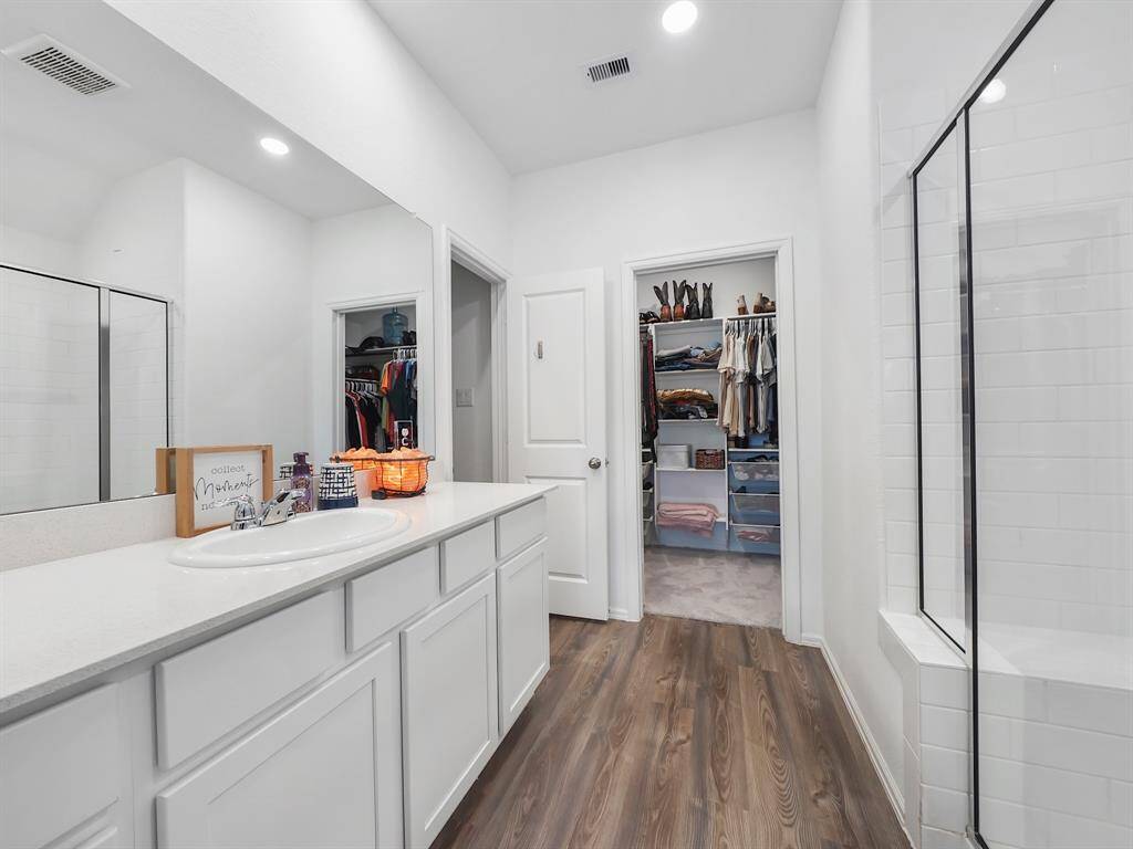 Extended vanity has ample storage for your essentials.