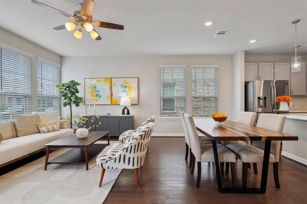 Spacious living room with an adjoining dining area.