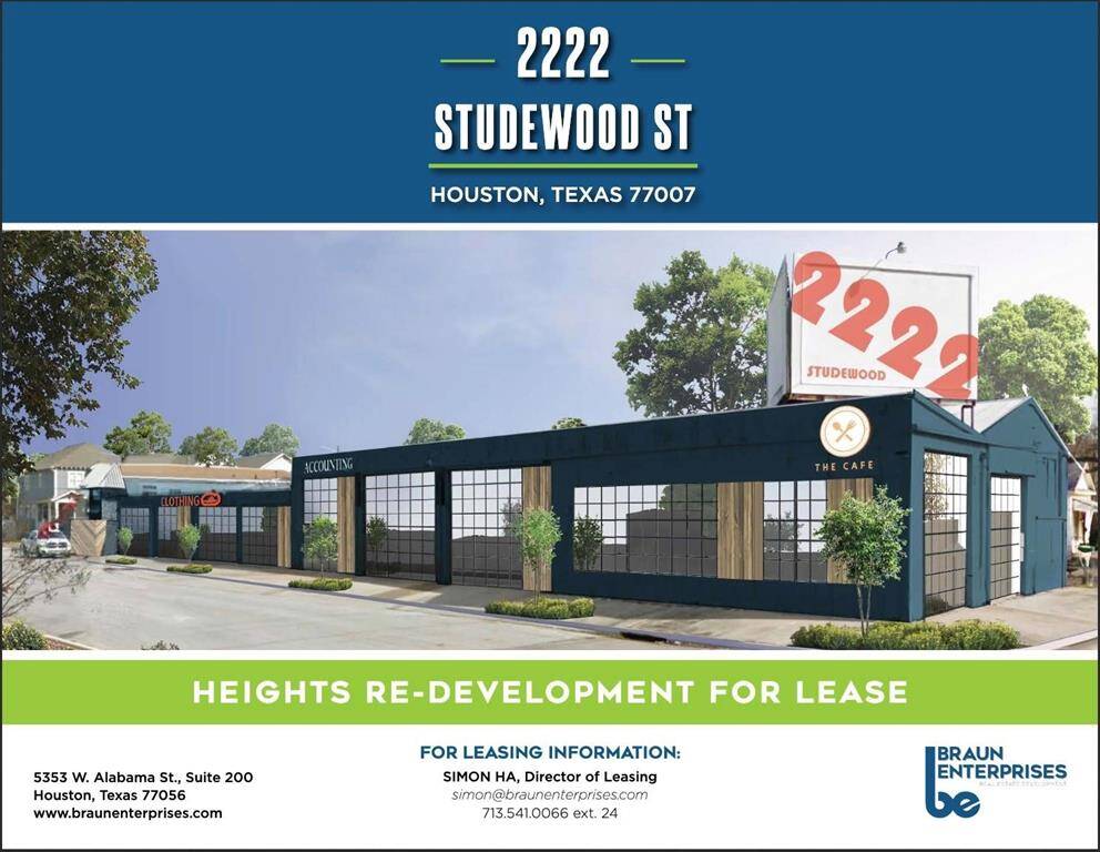 2222 Studewood is being redeveloped into asecond generation bar and retail space (currentlyClutch Distilling and Direct Auto Services). This will be an additional face-lift to the street and add tothe walkability of 1111 Adele!