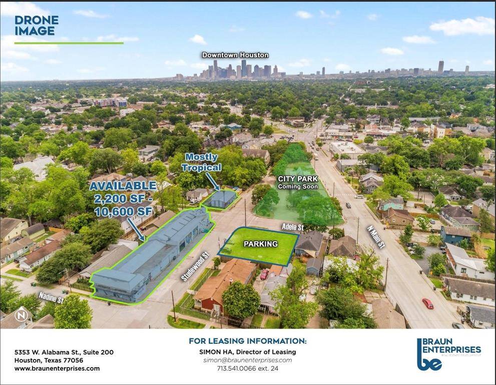 Here is an aerial view of the upcomingdevelopments (lease space and new park) all 500 ft from your front door! This is Houston inner-loopliving at its finest!