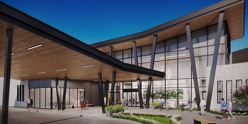 New Grogans Mill Library - Coming Soon courtesy Howard Hughes Holdings Inc.; Renderings of the reimagined Grogan’s Mill Village Center