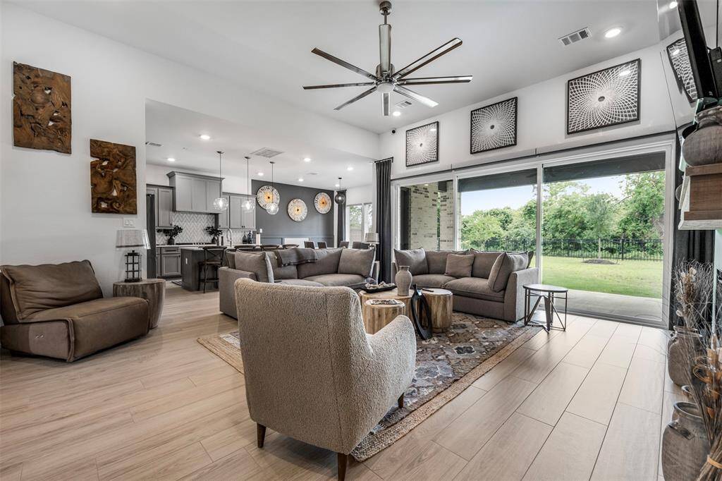 The great room is filled with an abundance of natural light and offers incredible views of the private yard.