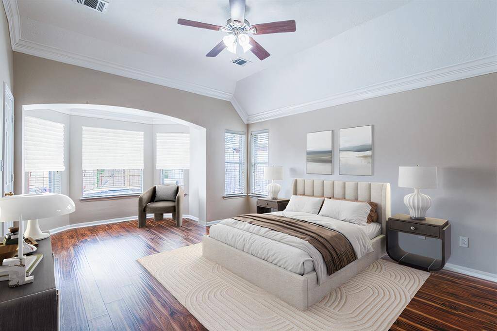 Master bedroom. Bay window and really tall ceilings. A great primary retreat. (Virtually staged)