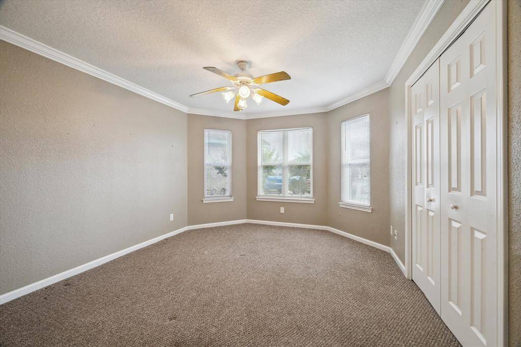 2ND BEDROOM  OFFERS CROWN MOLDING AND A CEILING FAN -NICE CARPET AND SPACIOUS CLOSET