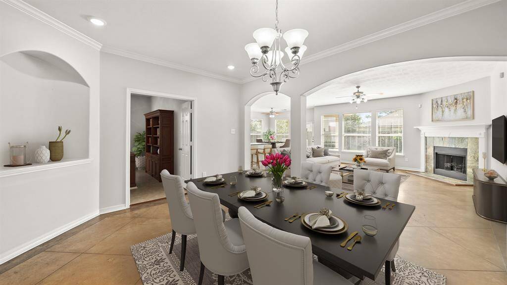 Virtually Staged: This floor plan seamlessly connects the dining room with the home office, living room, kitchen, and the breakfast nook.
