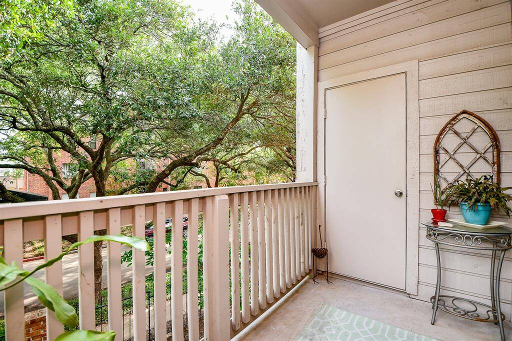 The balcony has an outdoor storage closet.
