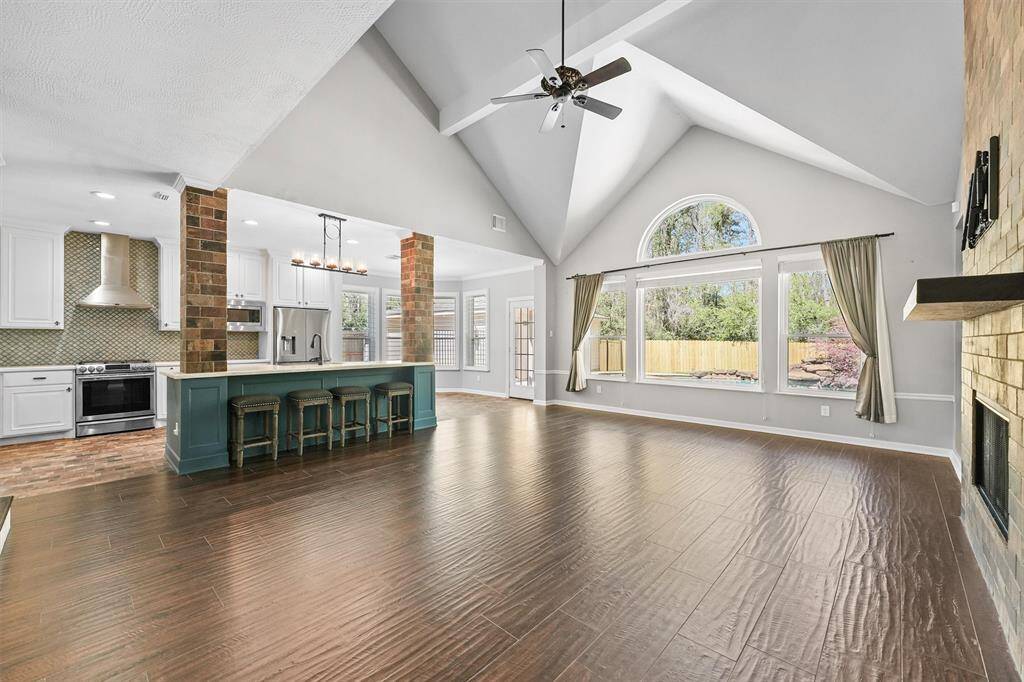 Family room and kitchen have the open concept.
