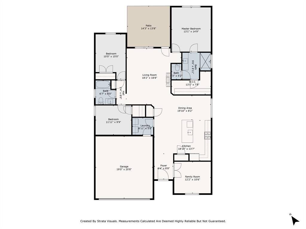 This floor plan features a spacious living room, dining area, and kitchen. It includes three bedrooms, with a master bedroom featuring an en-suite bathroom and walk-in closet. There's also a family room, a laundry area, and a two-car garage. A patio is accessible from the living room.