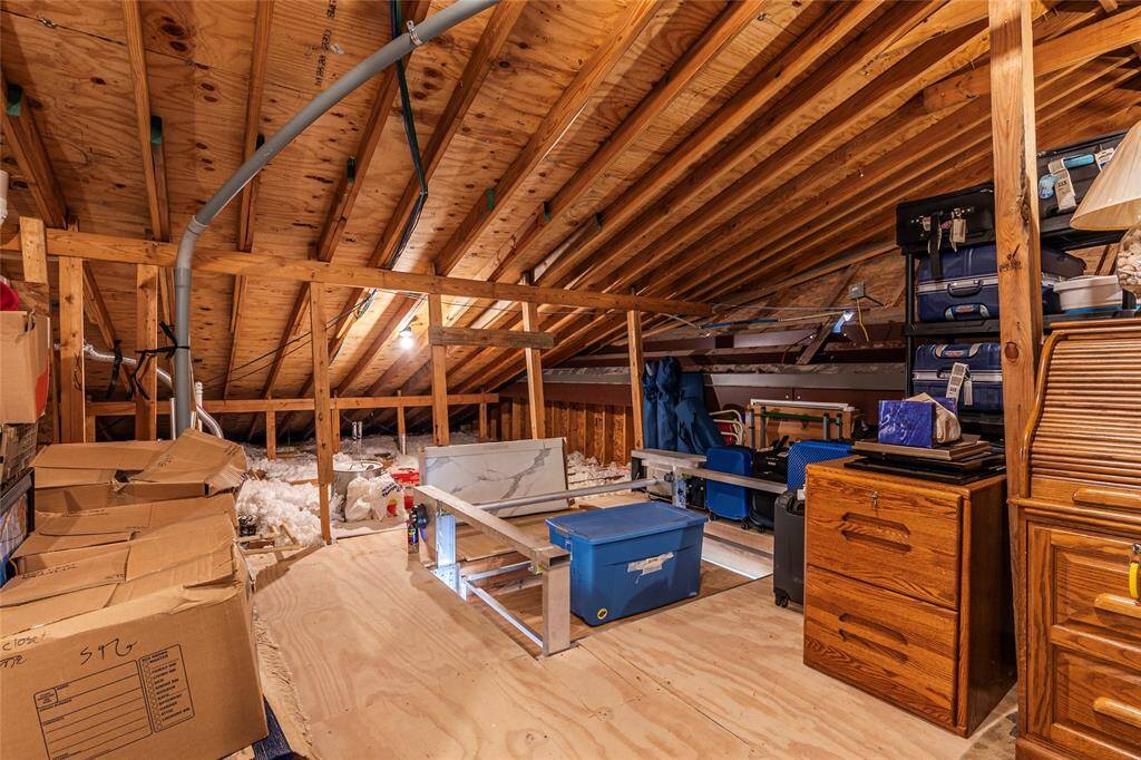Large walk-in attic space upstairs with motorized automatic lift to and from the garage for easy convenient access and storage.  A portion of this space could easily be converted to a 4th bedroom and 4th bathroom with easy plumbing access.