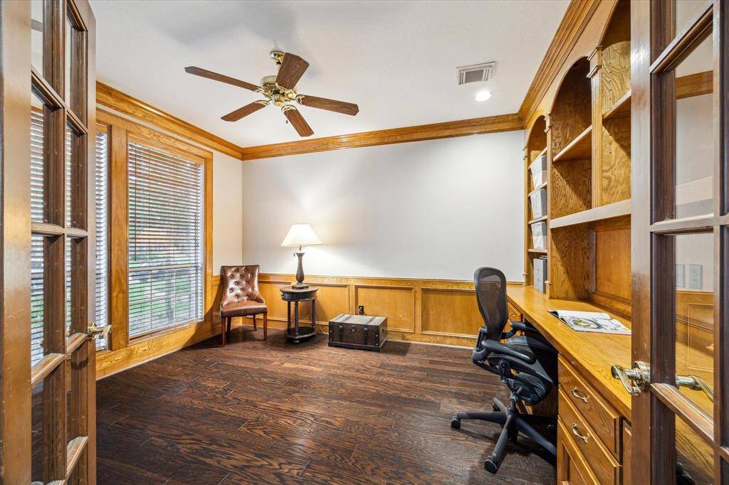 Study with French doors off of entry has view of the front garden area.