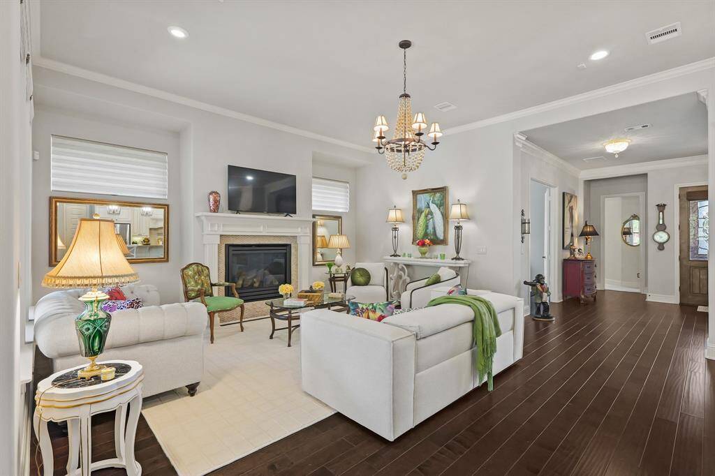 View from the interior corner of he living area. Another beautiful chandelier.